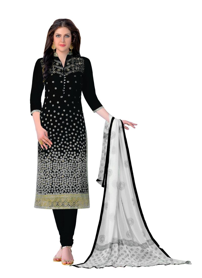 Luxurious Black Cotton Unstitched Salwar-Suit Ensemble with Handcrafted Dupatta