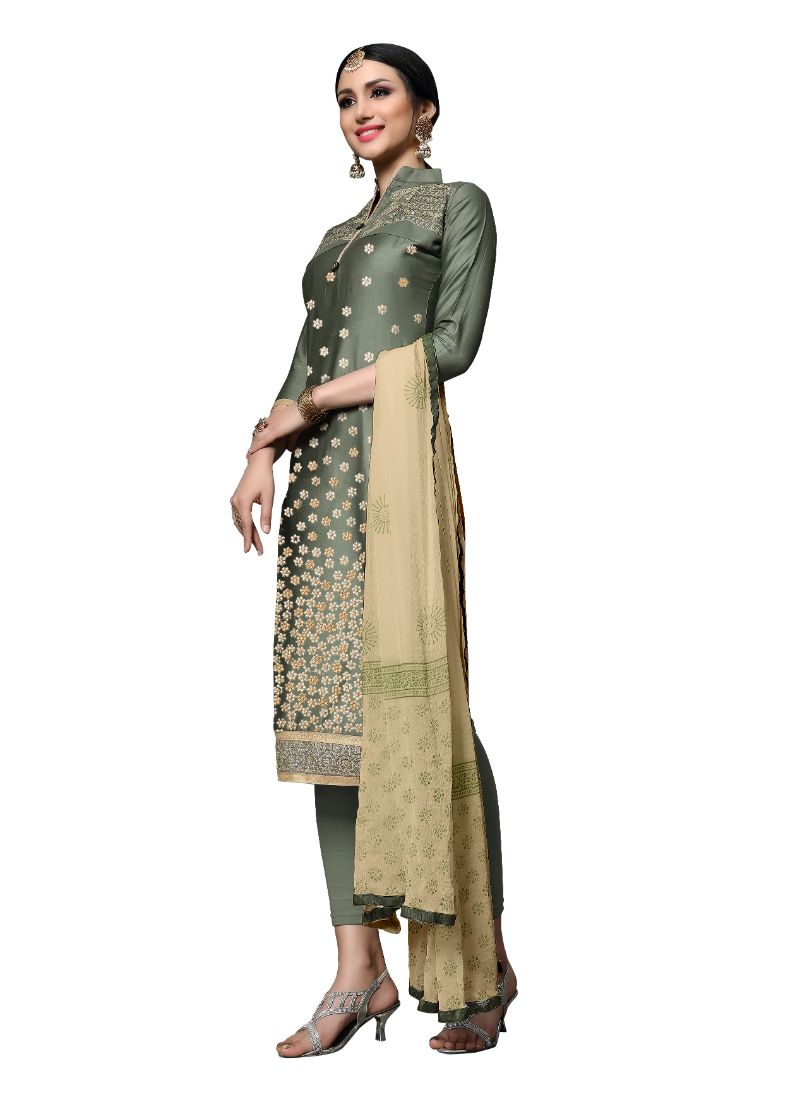 Women's Cotton Unstitched Salwar-Suit Material Set with Dupatta (Light Green, 2-2.5m)