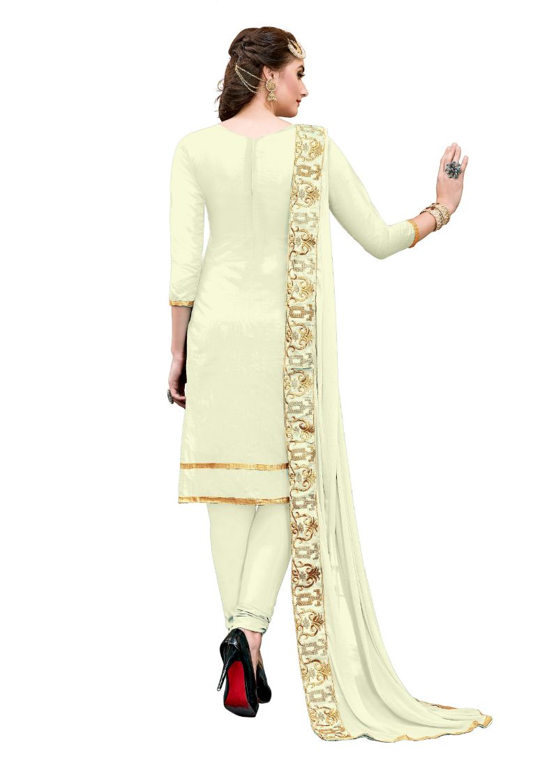 Women's Luxurious Chanderi Cotton Unstitched Salwar-Suit Material With Dupatta (Cream, 2.20 Mtr)