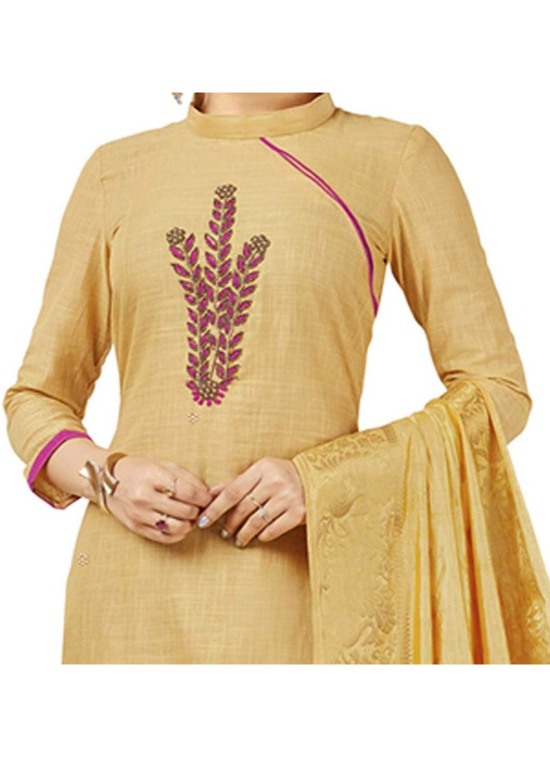 Luxurious South Slub Cotton Salwar-Suit Ensemble with Banarasi Silk Dupatta (Beige, 2 Mtr)