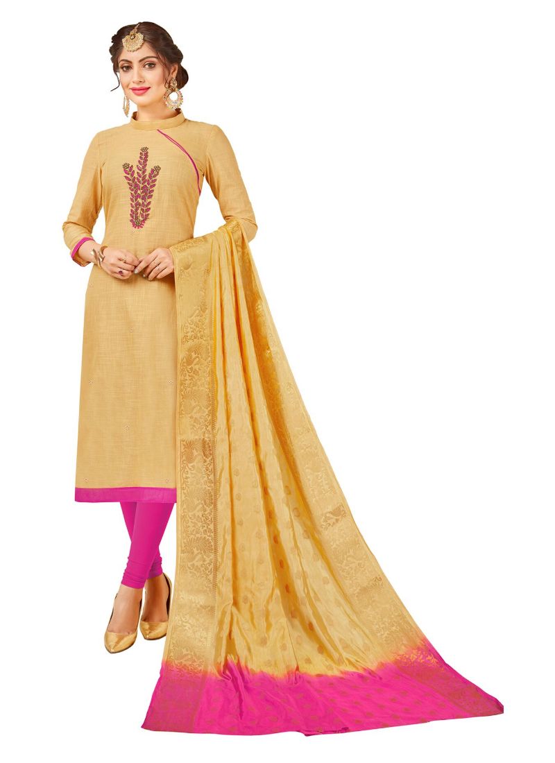 Luxurious South Slub Cotton Salwar-Suit Ensemble with Banarasi Silk Dupatta (Beige, 2 Mtr)