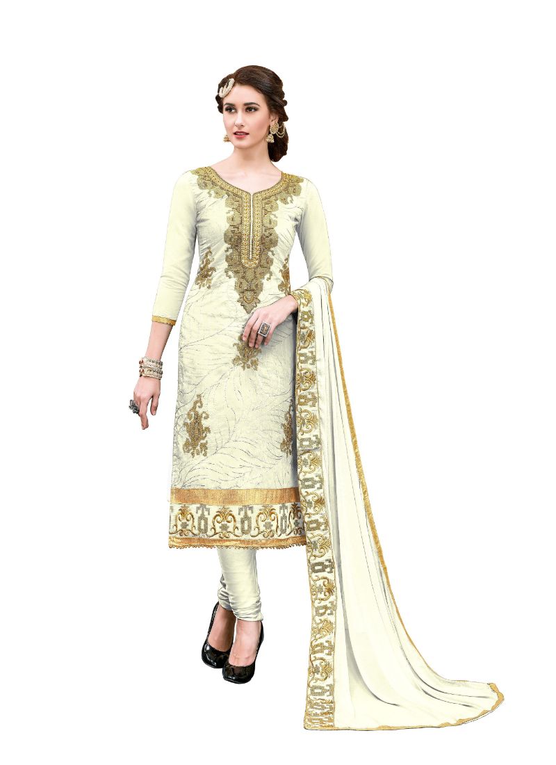 Women's Luxurious Chanderi Cotton Unstitched Salwar-Suit Material With Dupatta (Cream, 2.20 Mtr)