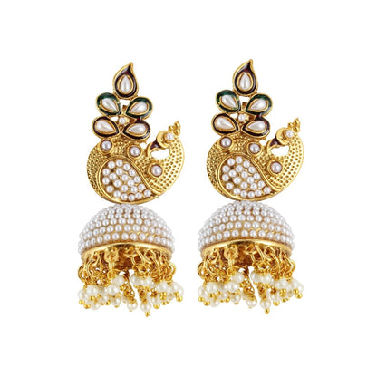 Women's Stylish Pearl Hook Dangler Hanging Jhumki Earrings - Golden