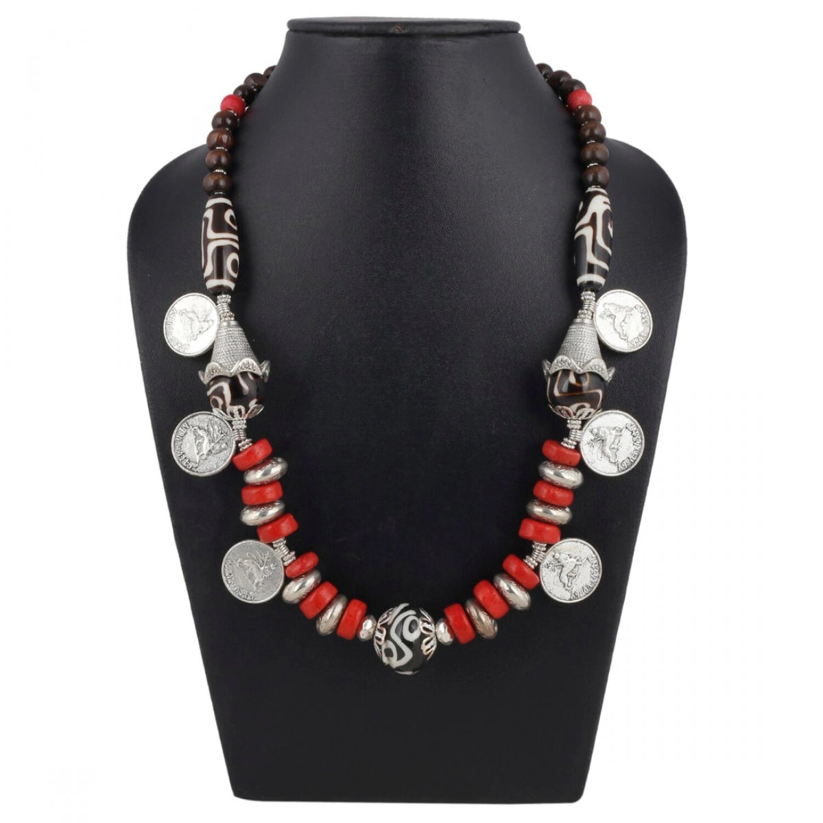 Designer Red Stone and Coin Tibetan Beads Necklace