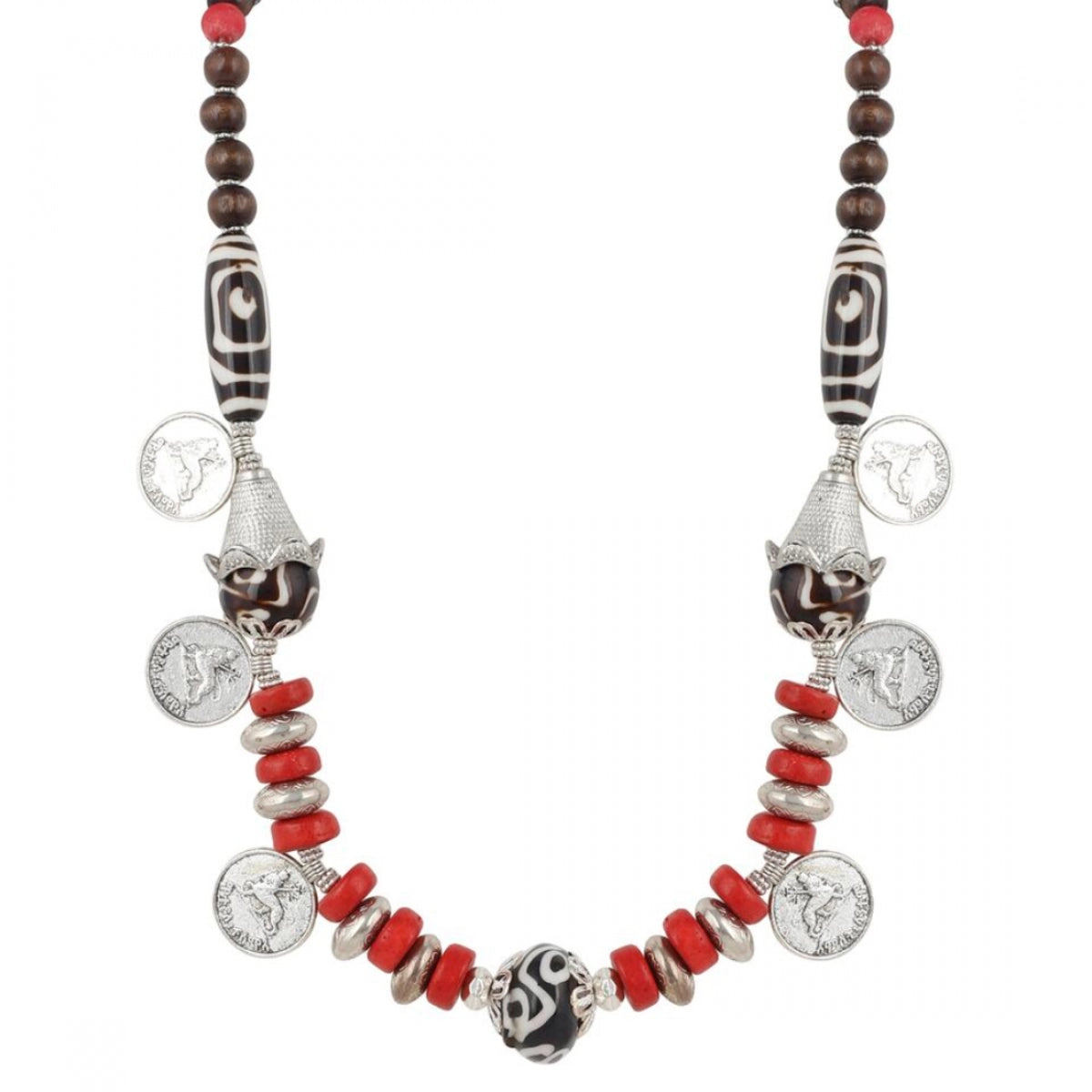 Designer Red Stone and Coin Tibetan Beads Necklace