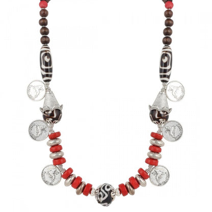 Designer Red Stone and Coin Tibetan Beads Necklace