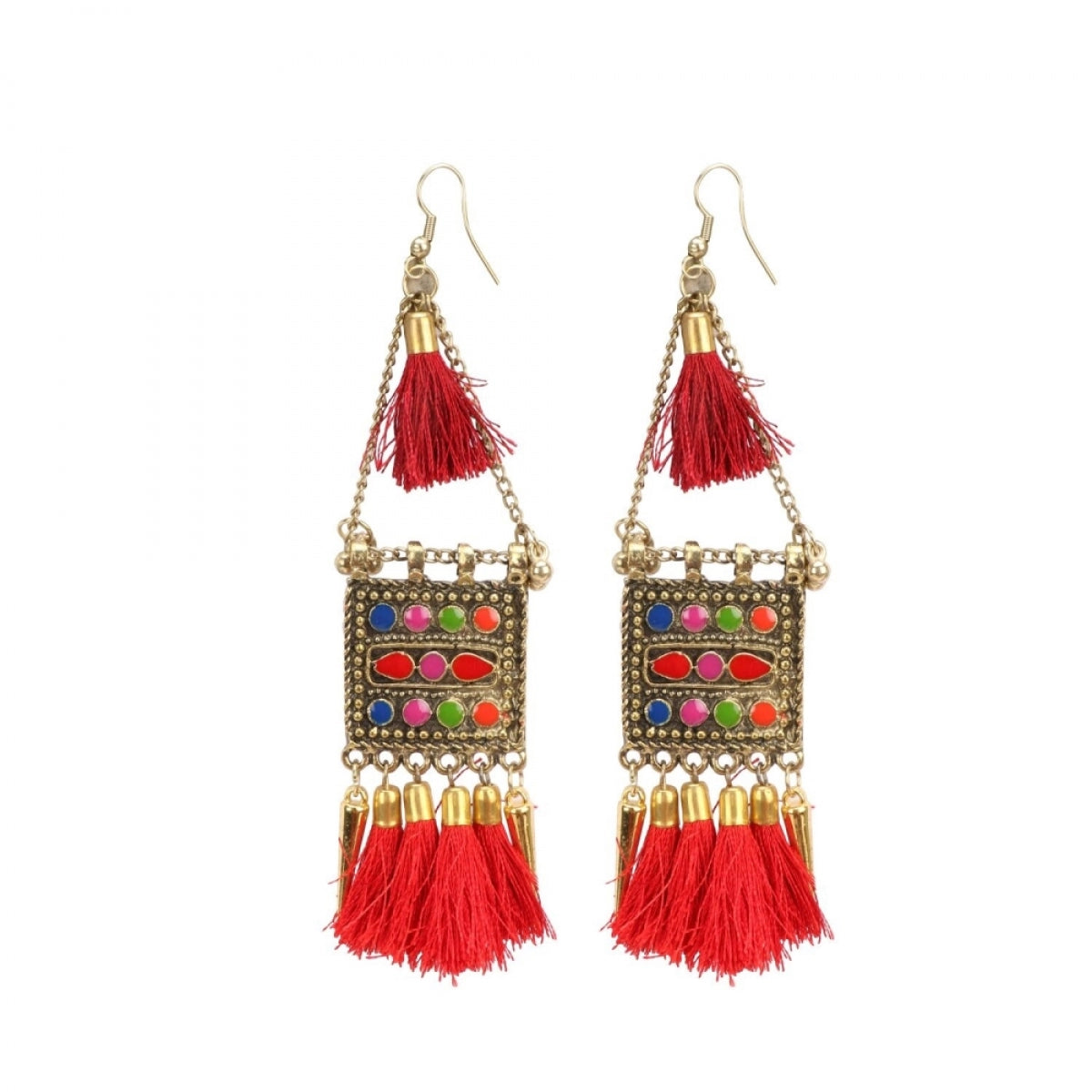 Ethereal Elegance: Women's Multicolor Oxidized Gold Plated Tassel Dangler Earrings