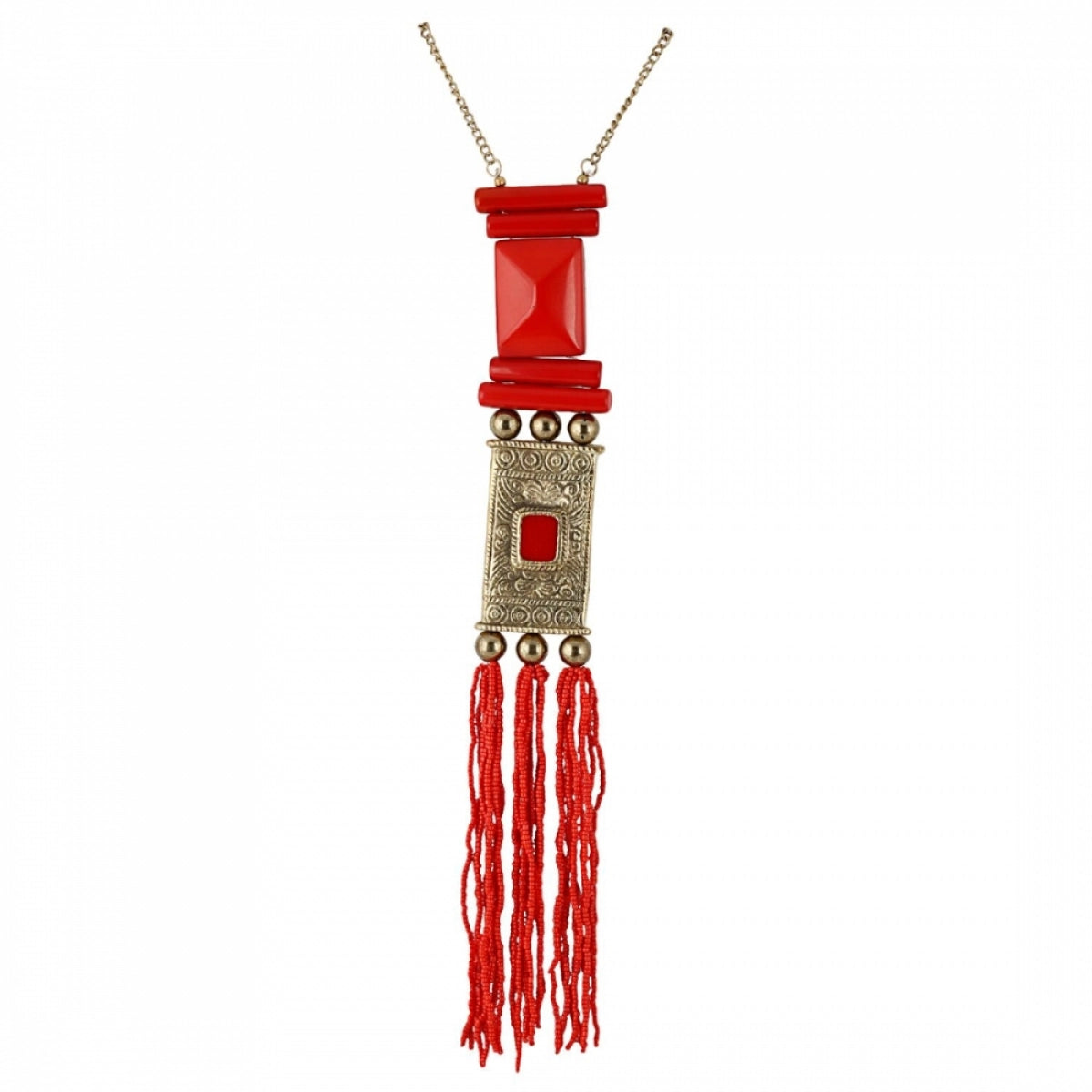 Women's Red and Golden Designer Tibetan Style Beaded Necklace