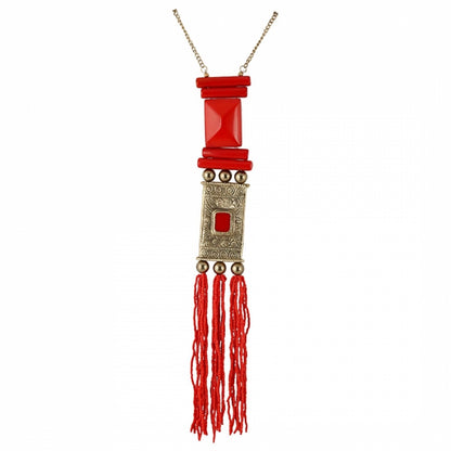 Women's Red and Golden Designer Tibetan Style Beaded Necklace