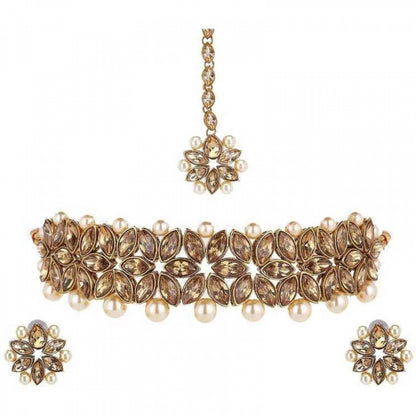 Golden Harmony: Women's Choker, Earring, and Maang Tikka Set