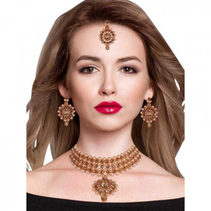 Women's Gold Choker, Earring, and Maang Tikka Set