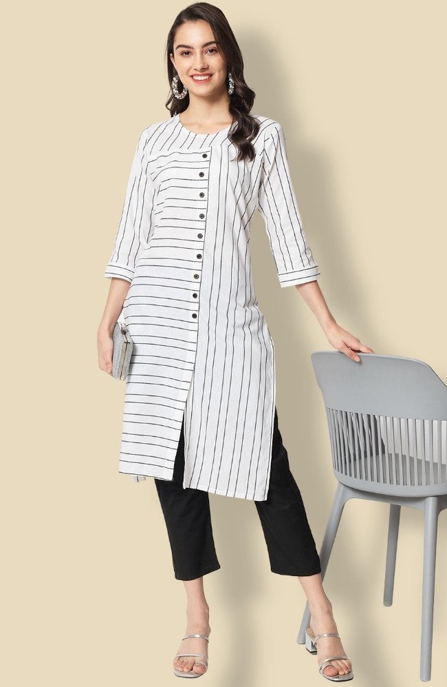 White Cotton Blend Printed Kurti With Bottom Set