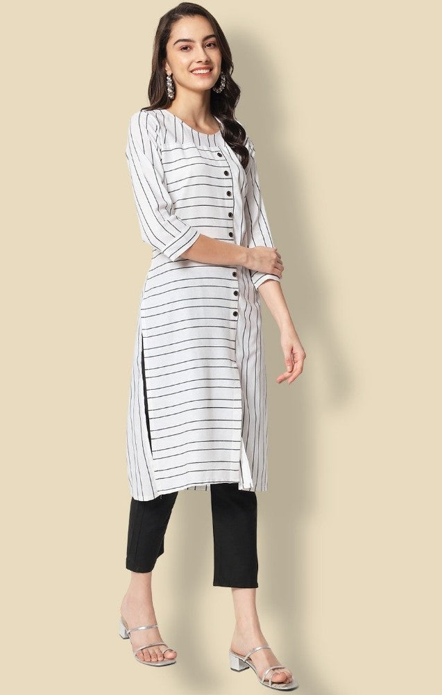 White Cotton Blend Printed Kurti With Bottom Set