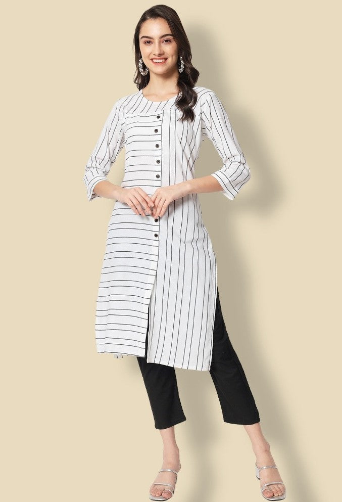 White Cotton Blend Printed Kurti With Bottom Set