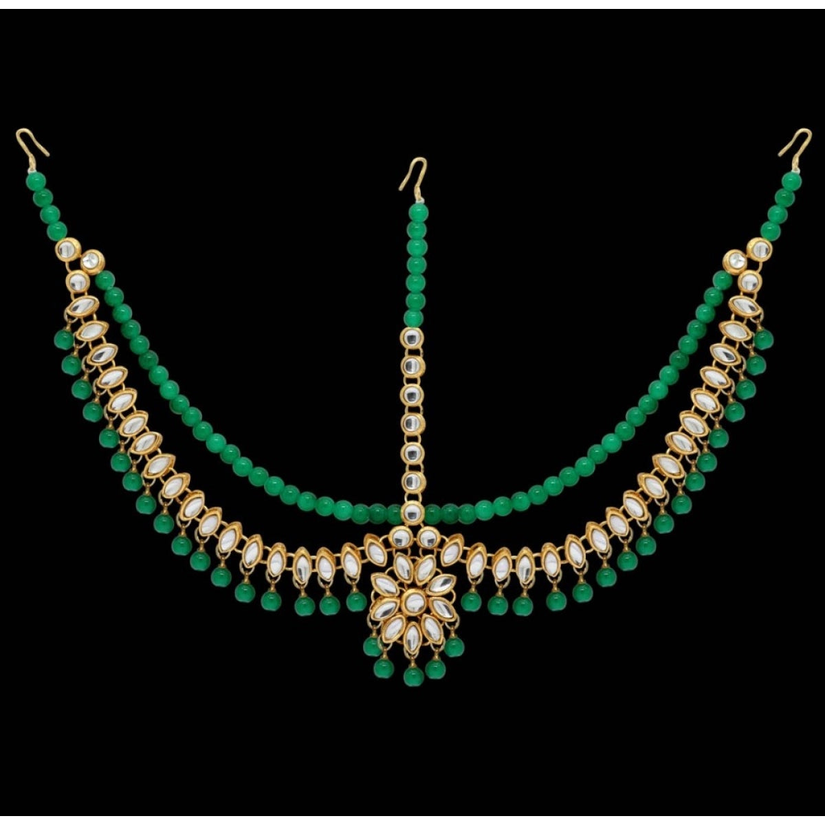 Women's Green Imitation Pearl & Kundan Work Matha Patti