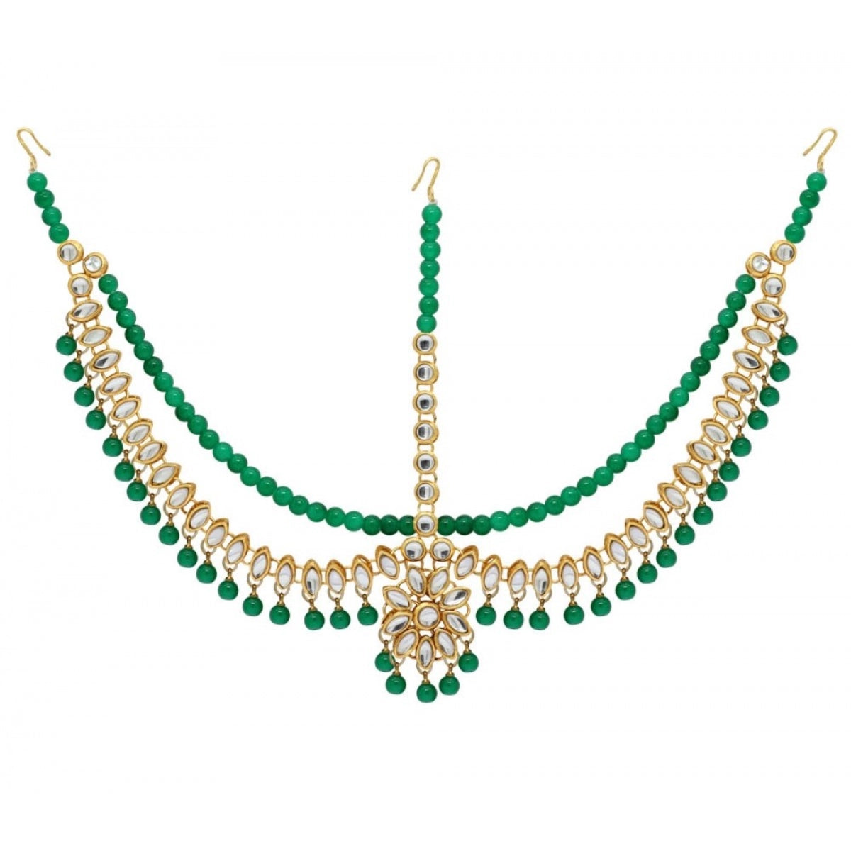 Women's Green Imitation Pearl & Kundan Work Matha Patti