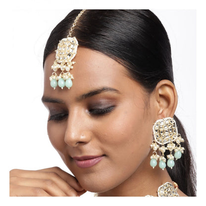 Enchanting Blossom: Rose Gold Plated Kundan Earrings & Mangtikka Set