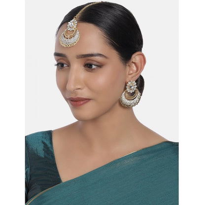 Radiant Royalty: Women's White Kundan Earrings & Mangtikka Set in Rose Gold Plating