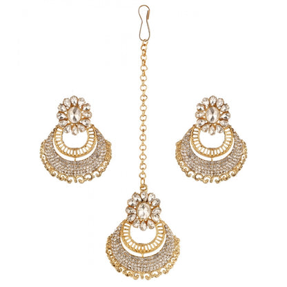 Radiant Royalty: Women's White Kundan Earrings & Mangtikka Set in Rose Gold Plating