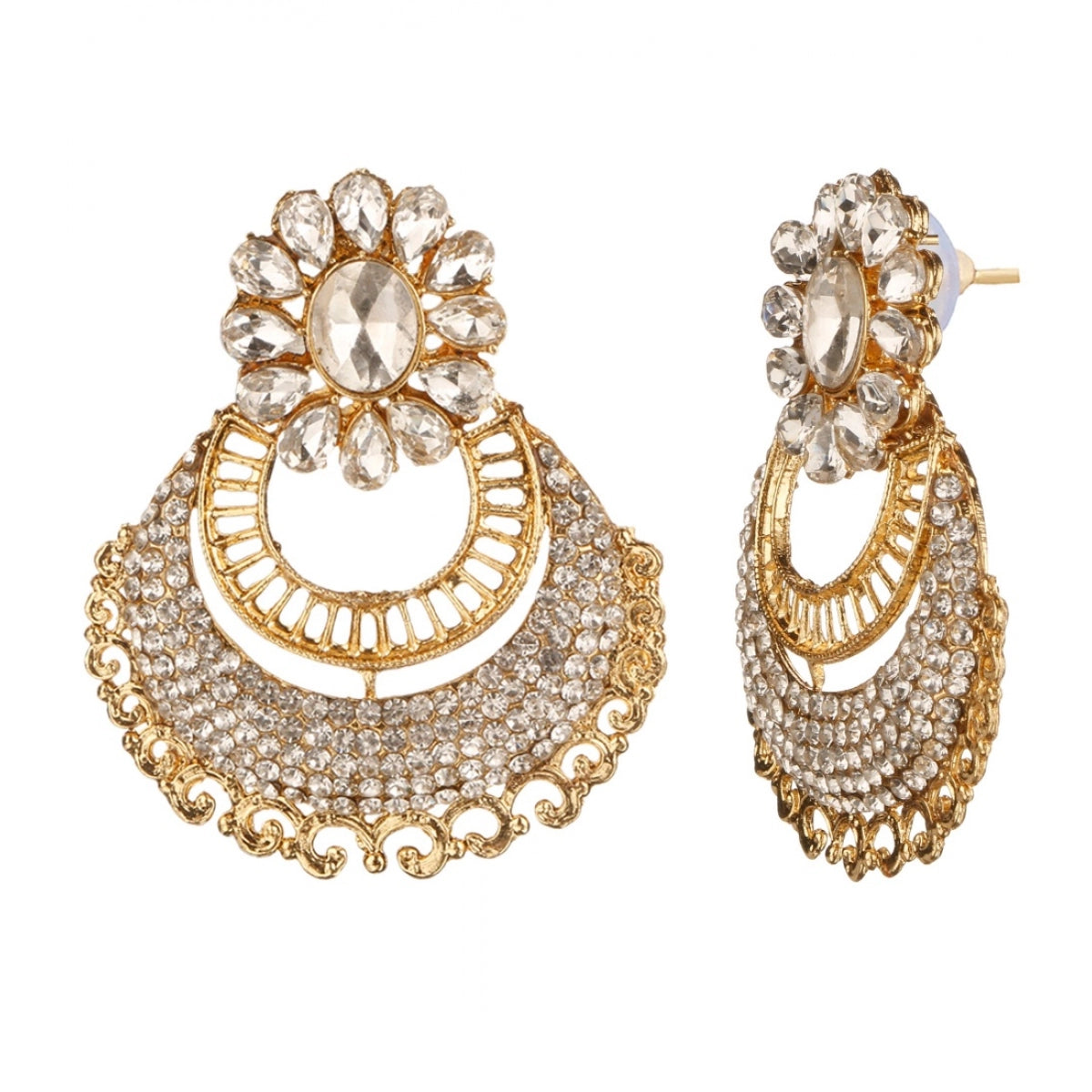 Radiant Royalty: Women's White Kundan Earrings & Mangtikka Set in Rose Gold Plating