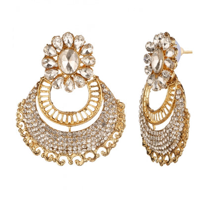 Radiant Royalty: Women's White Kundan Earrings & Mangtikka Set in Rose Gold Plating