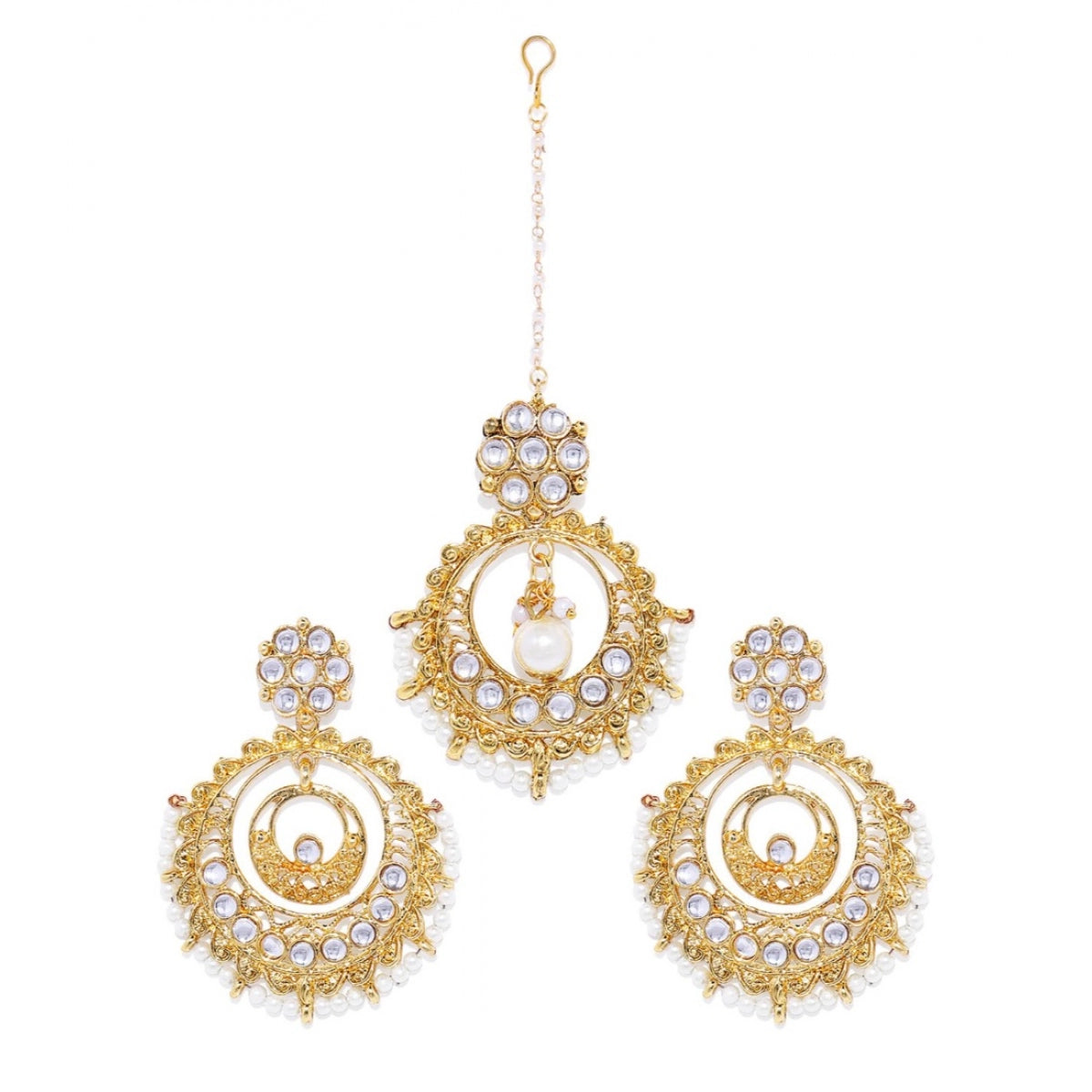 Rose Gold Plated Kundan Earrings & Mangtikka Set