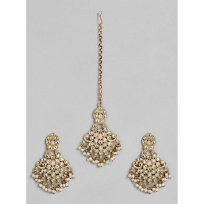 Regal Radiance: Women's Rose Gold Plated Kundan Earrings & Mangtikka Set